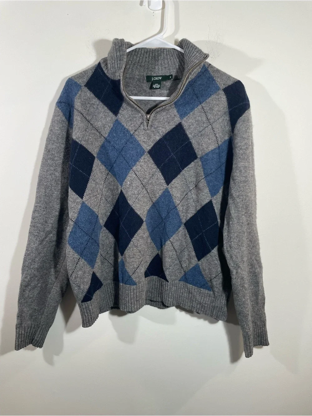 J Crew quarter-zip lambswool argyle sweater XL